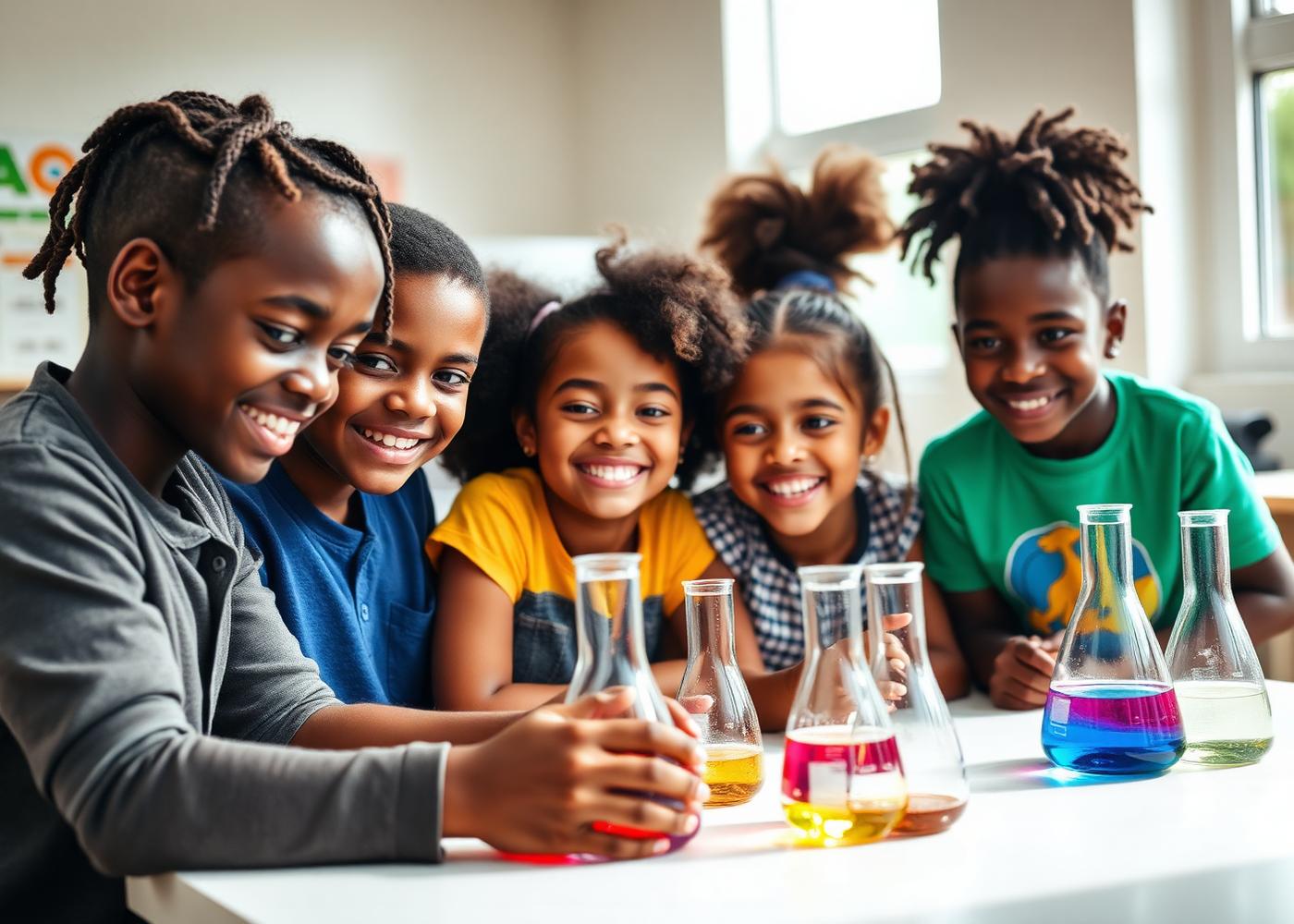 Kids smiling around a hands-on chemistry experiment