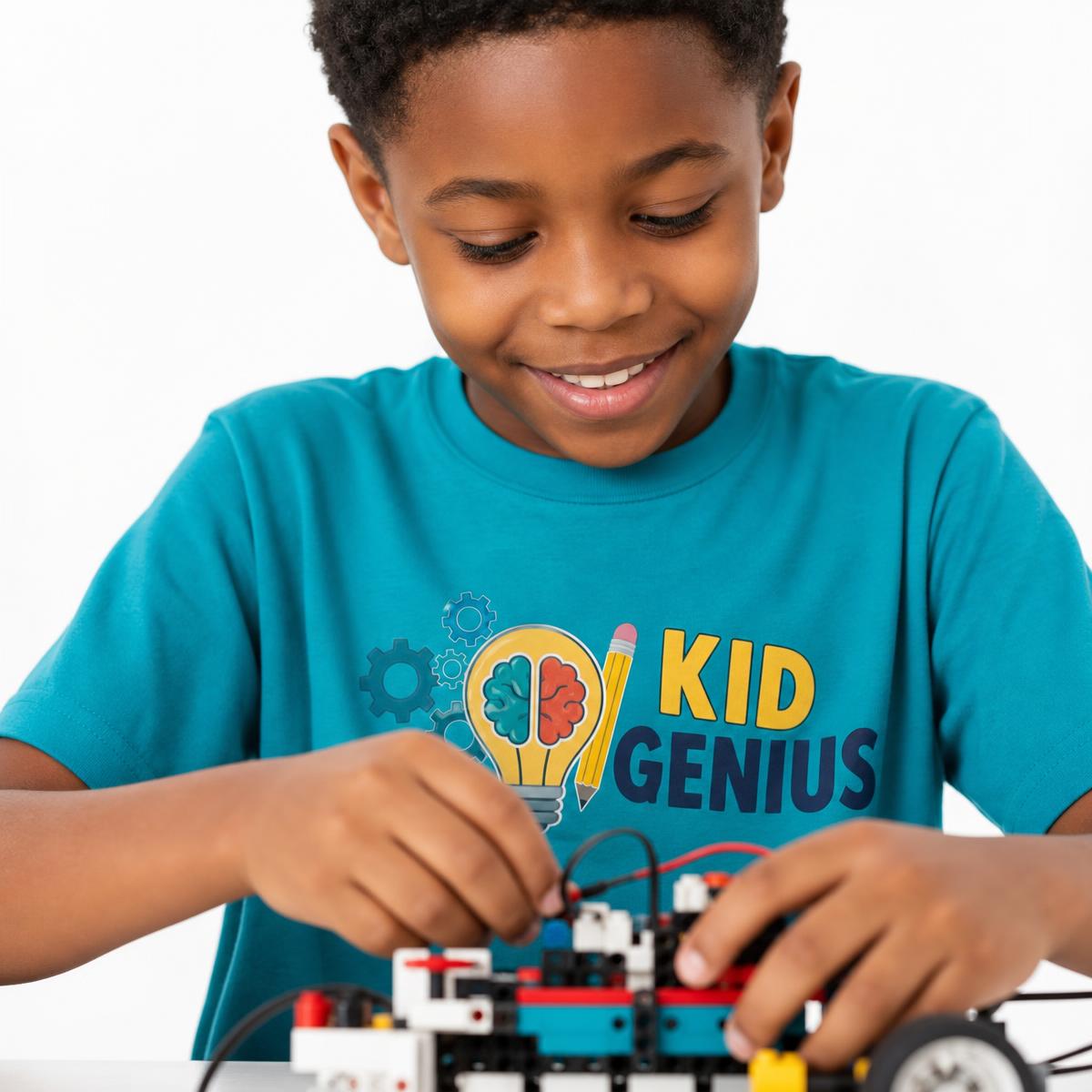 A child's hands building a small motorized vehicle