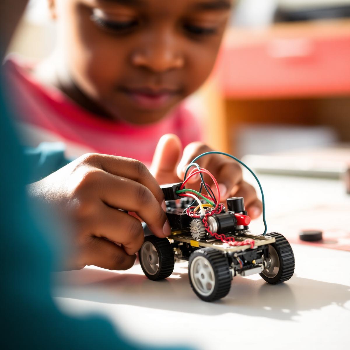 A child's hands building a small motorized vehicle