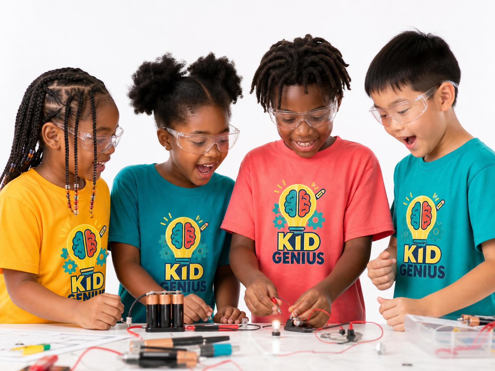 Elementary kids in safety goggles running a real circuit experiment